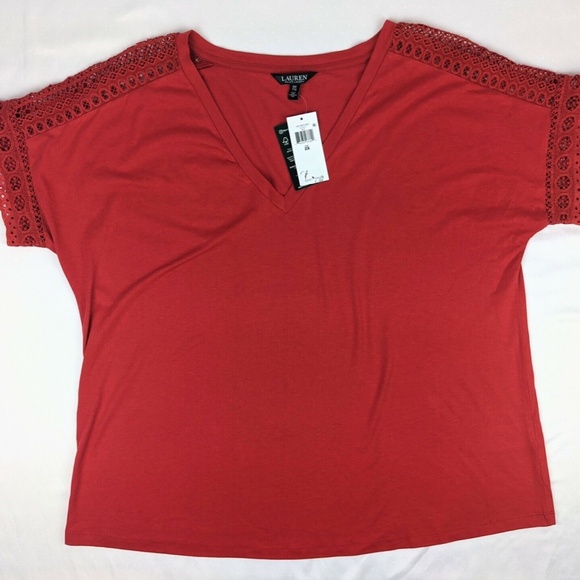 (NWT) Lauren Ralph Lauren Women's Red V-Neck Lace/Crochet Top Plus Size 2X - Picture 6 of 12